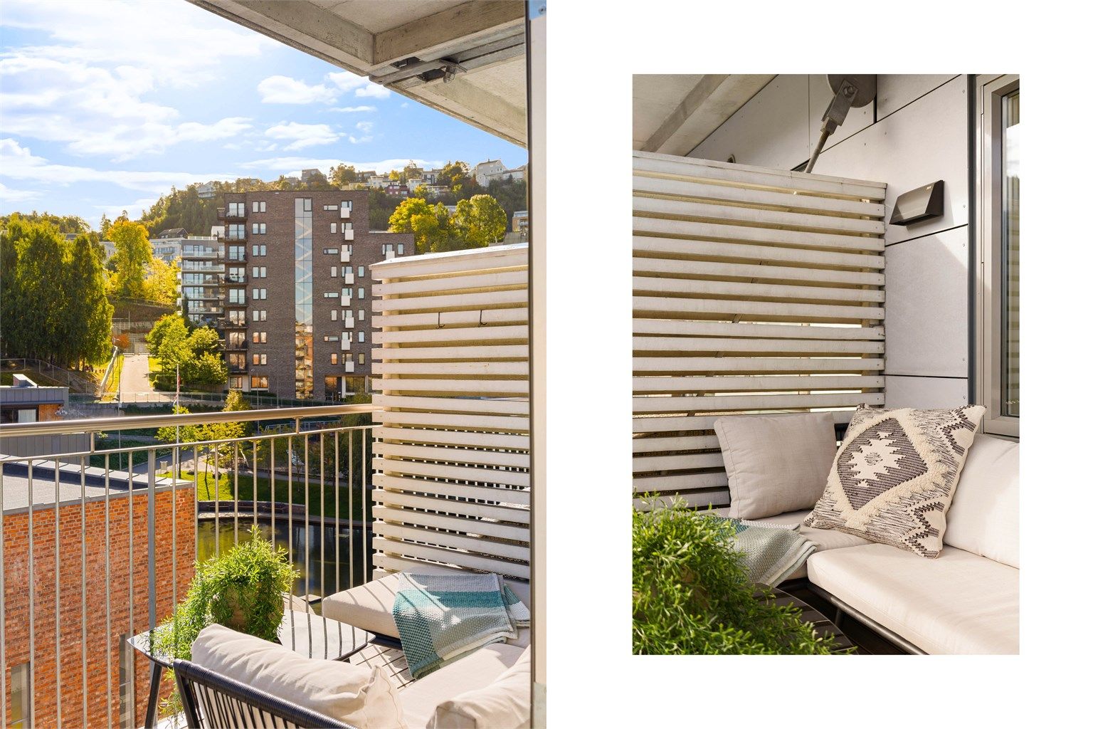 Balkongen har terrassebord på gulvet, skjermende spilevegg og rekkverk i metall, som gir uteplassen et gjennomført uttrykk.