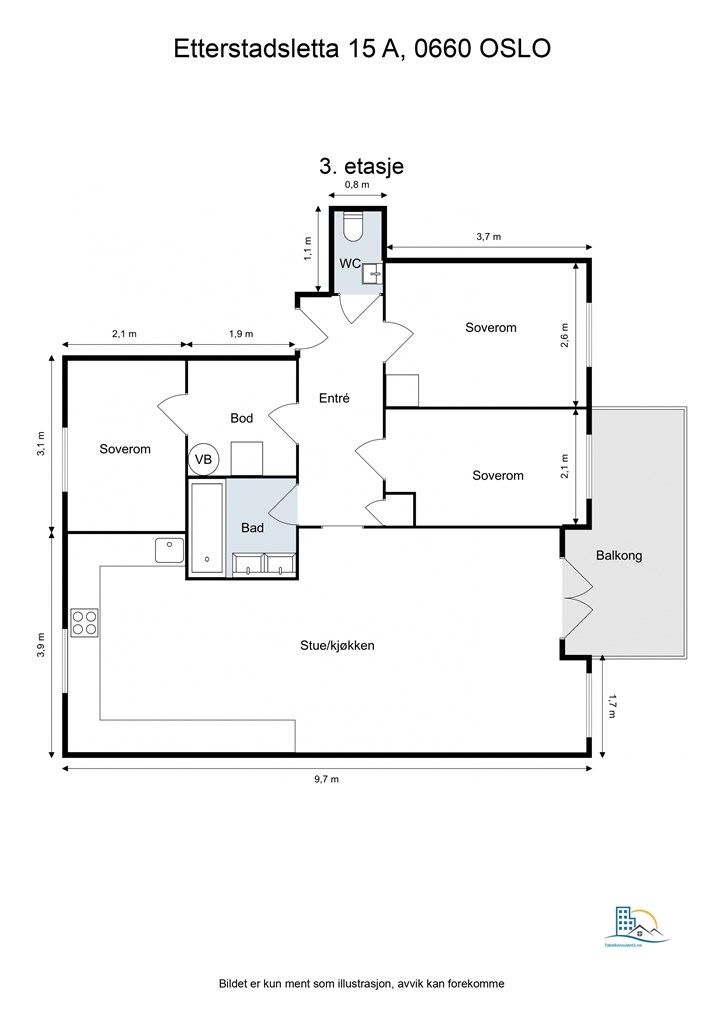 En gjennomtenkt planløsning med tre soverom og en åpen, sosial sone for stue og kjøkken.