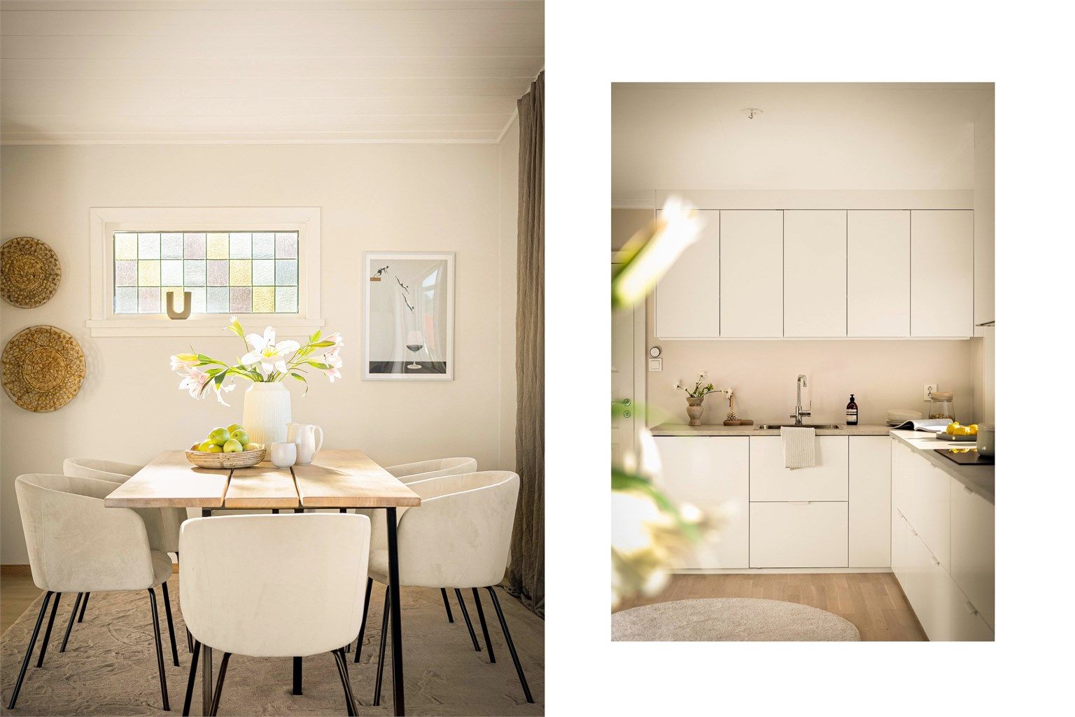 Åpen løsning mellom kjøkken og spisestuedel.