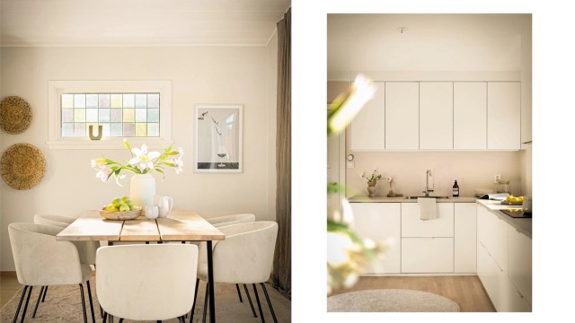 Åpen løsning mellom kjøkken og spisestuedel.