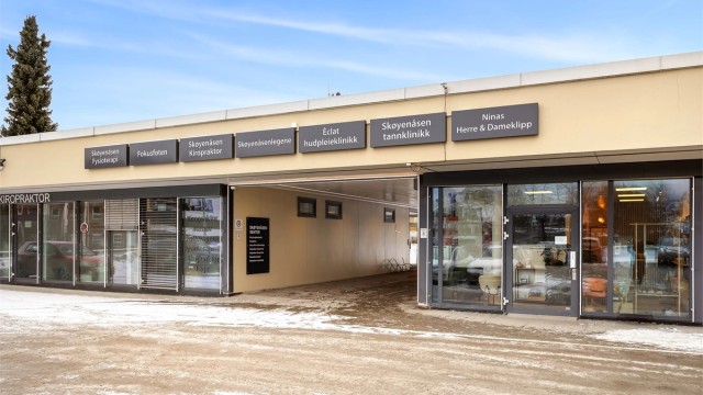 Skøyenåsen torg med Coop Extra, frisørsalong og hudpleieklinikk, samt helsetjenester som tannklinikk, fotterapeut, fysioterapi og kiropraktor.