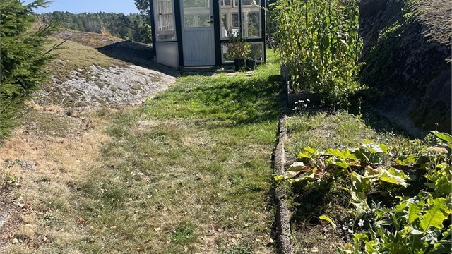 Frittstående drivhus fra 2021 oppført i trekonstruksjoner med glassfelter (ikke omsøkt).
