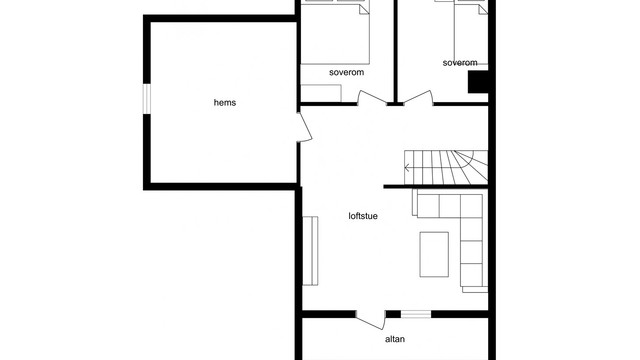Loftsetasjen er innredet med to soverom, loftstue og balkong.