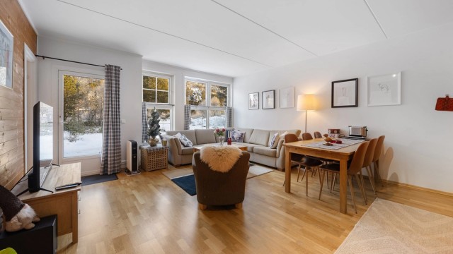 Stue og kjøkken med utgang til terrasse.