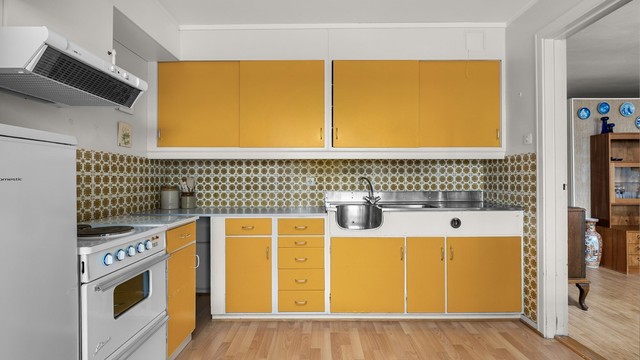 Kjøkkenet har blant annet benkeplate av rustfritt stål med nedfelt oppvaskkum og frittstående komfyr og kjøleskap med fryser.