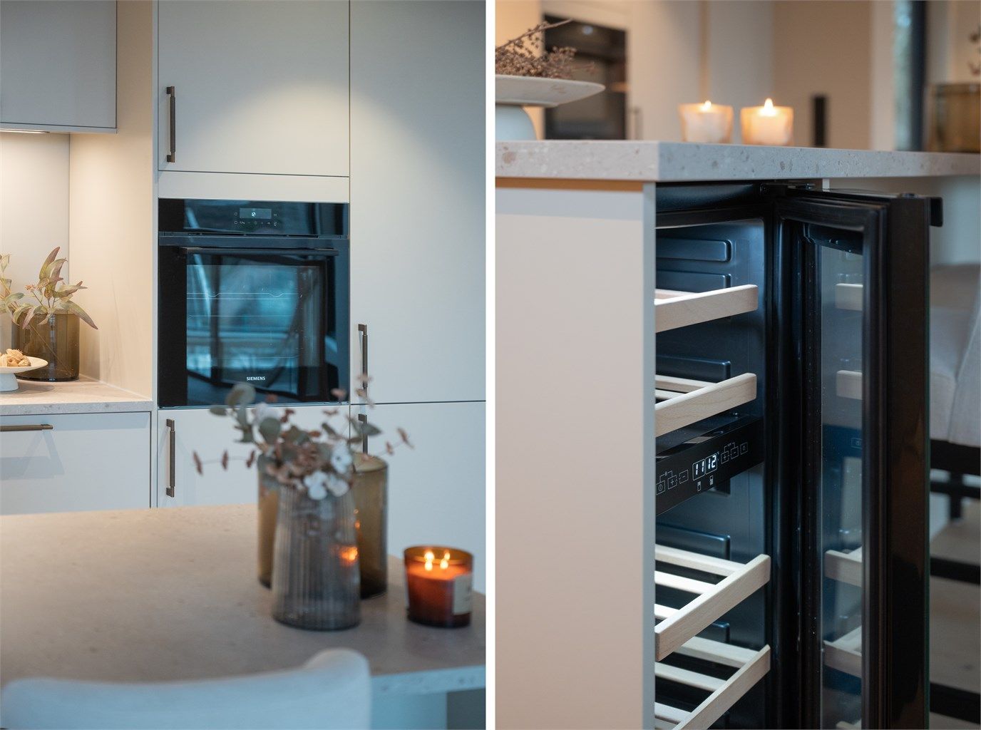 Integrerte hvitevarer som vinkjøler og stekeovn i ergonomisk riktig høyde.