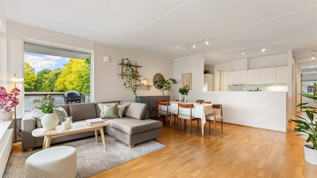 Stuen har god plass til både sittegruppe og spisebord.