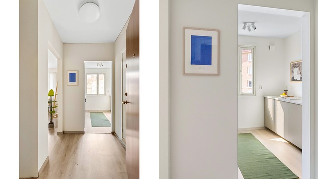 Fra entréen har du en praktisk og oversiktlig tilgang til leilighetens øvrige rom.