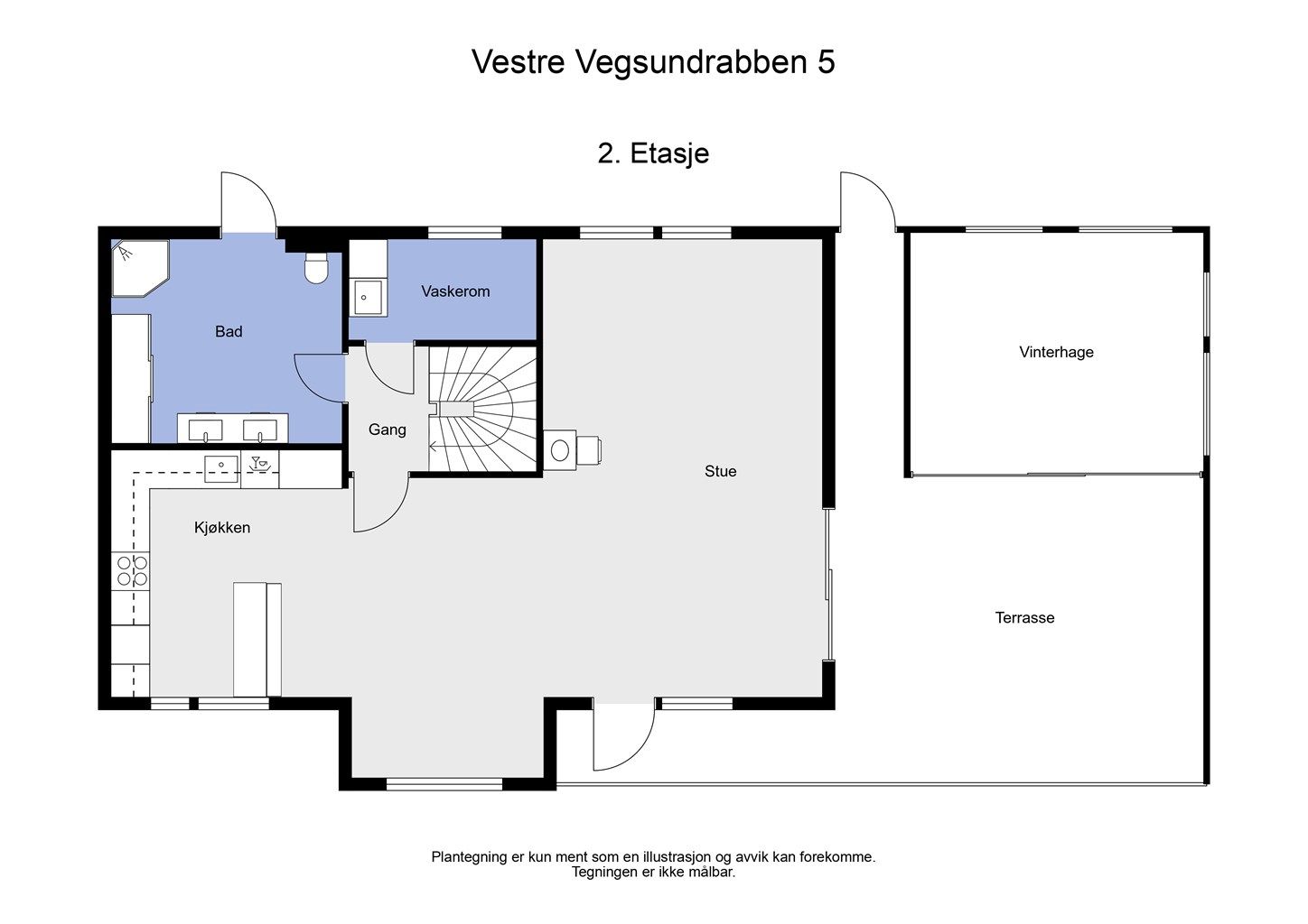 Hovedetasjen har en åpen og sosial planløsning med stue, kjøkken, bad og vaskerom.