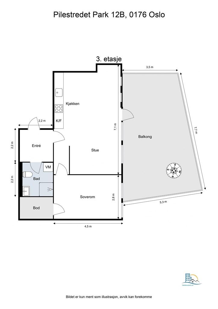 Leiligheten har en arealeffektiv planløsning med åpen stue- og kjøkkenløsning, romslig soverom og intern bod.