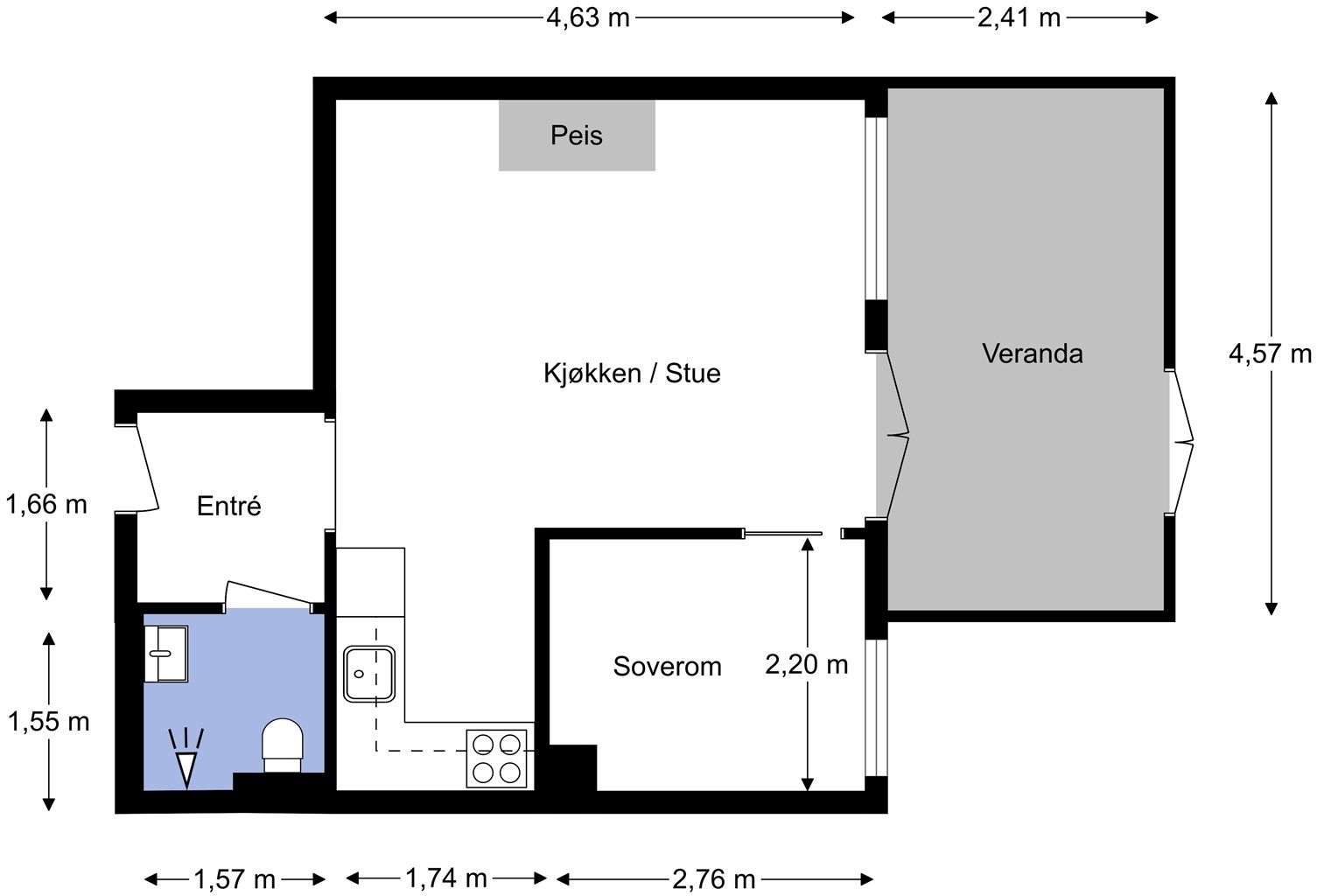 Dette er en smart liten leilighet med alt du trenger lett tilgjengelig.
