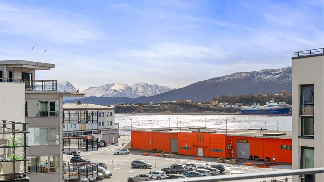 Fra leiligheten ser man utover havnebassenget og mot de snøkledde Sunnmørsalpene