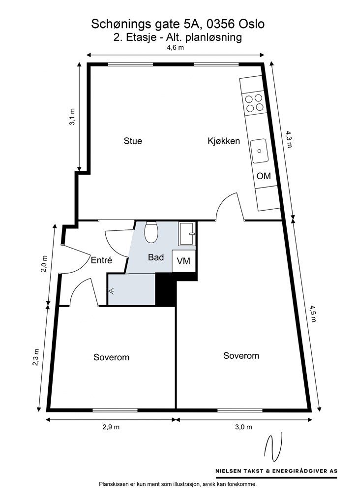Alternativ planløsning - der kjøkkenet flyttes ut i stue og man får et soverom til