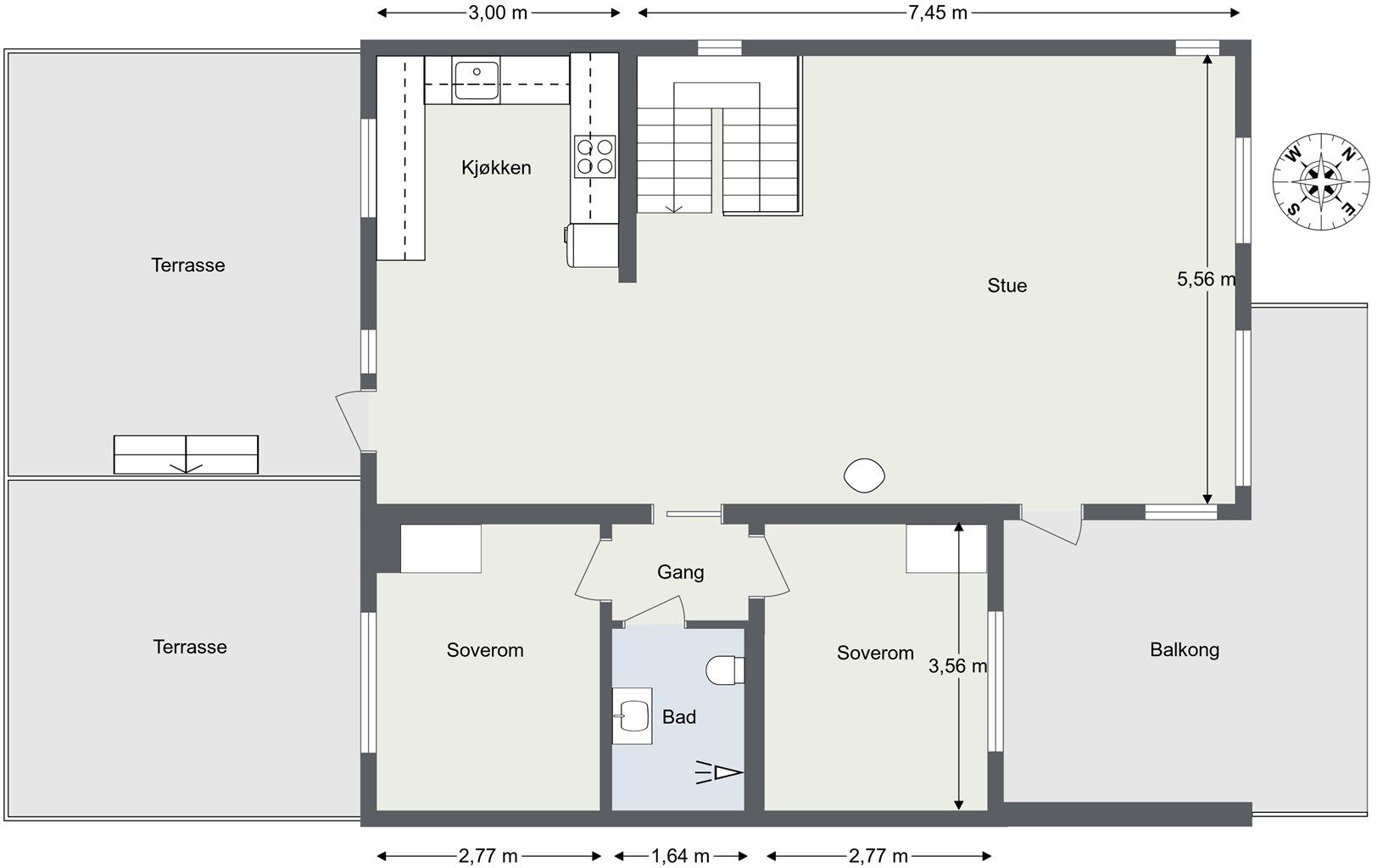 Andre etasje har en sosial og åpen planløsning med stue og kjøkken, to soverom, bad og utgang til både balkong og terrasse.