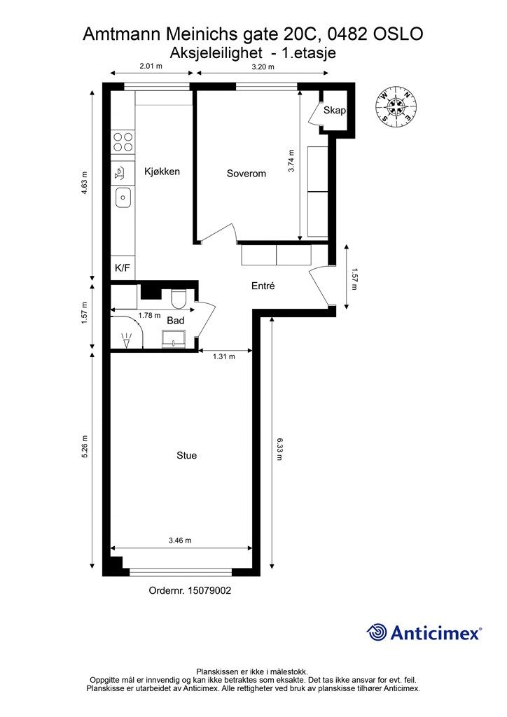Leiligheten i en høy 1. etasje har en gjennomgående og arealeffektiv planløsning på 51 m².