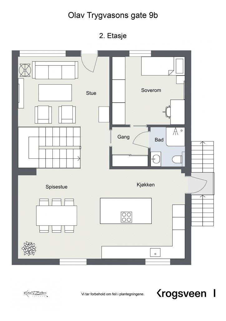 Andre etasje er boligens hovedplan, med en åpen stue- og kjøkkenløsning, et soverom og bad.