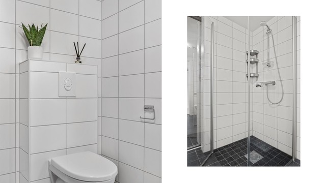 Dusjnisje med innfellbare glassdører og vegghengt toalett med innebygget sisterne.