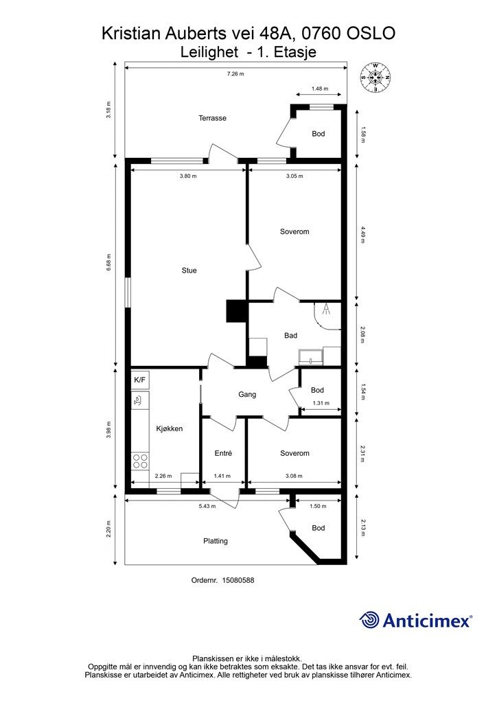 Denne endeleiligheten har en god planløsning, med to soverom og adskilt stue og kjøkken.
