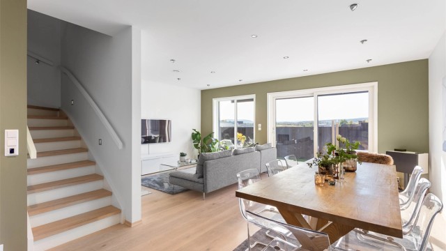 Utgang fra stuen til fin stensatt uteplass
