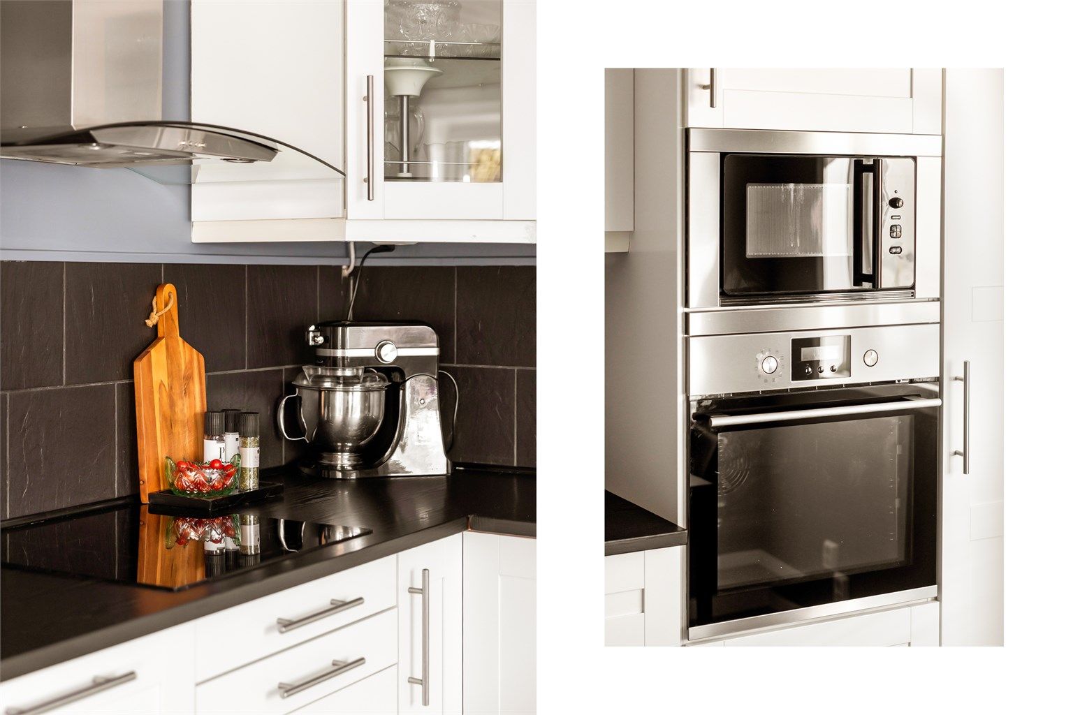 Detaljer fra kjøkkenet, med platetopp og høyskap med integrert stekeovn og mikro.