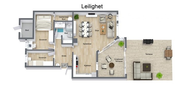 Illustrasjon av leilighetens arealeffektive planløsning.