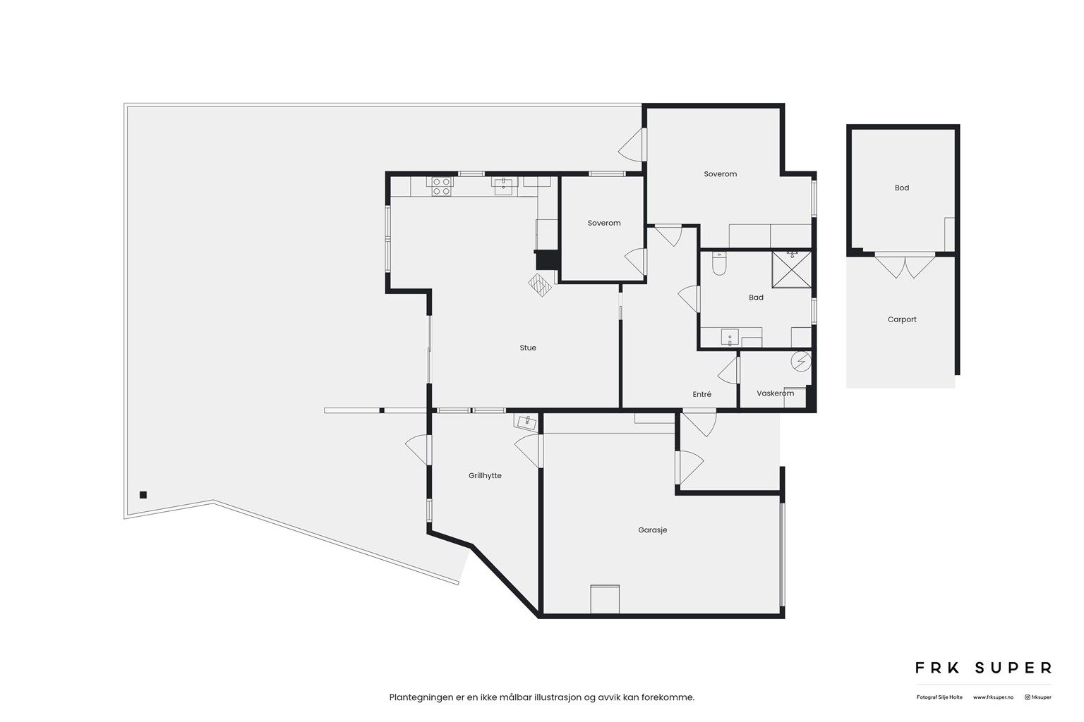 Planskisse. Alle rom på ett plan. Garasje og carport med stor bod.