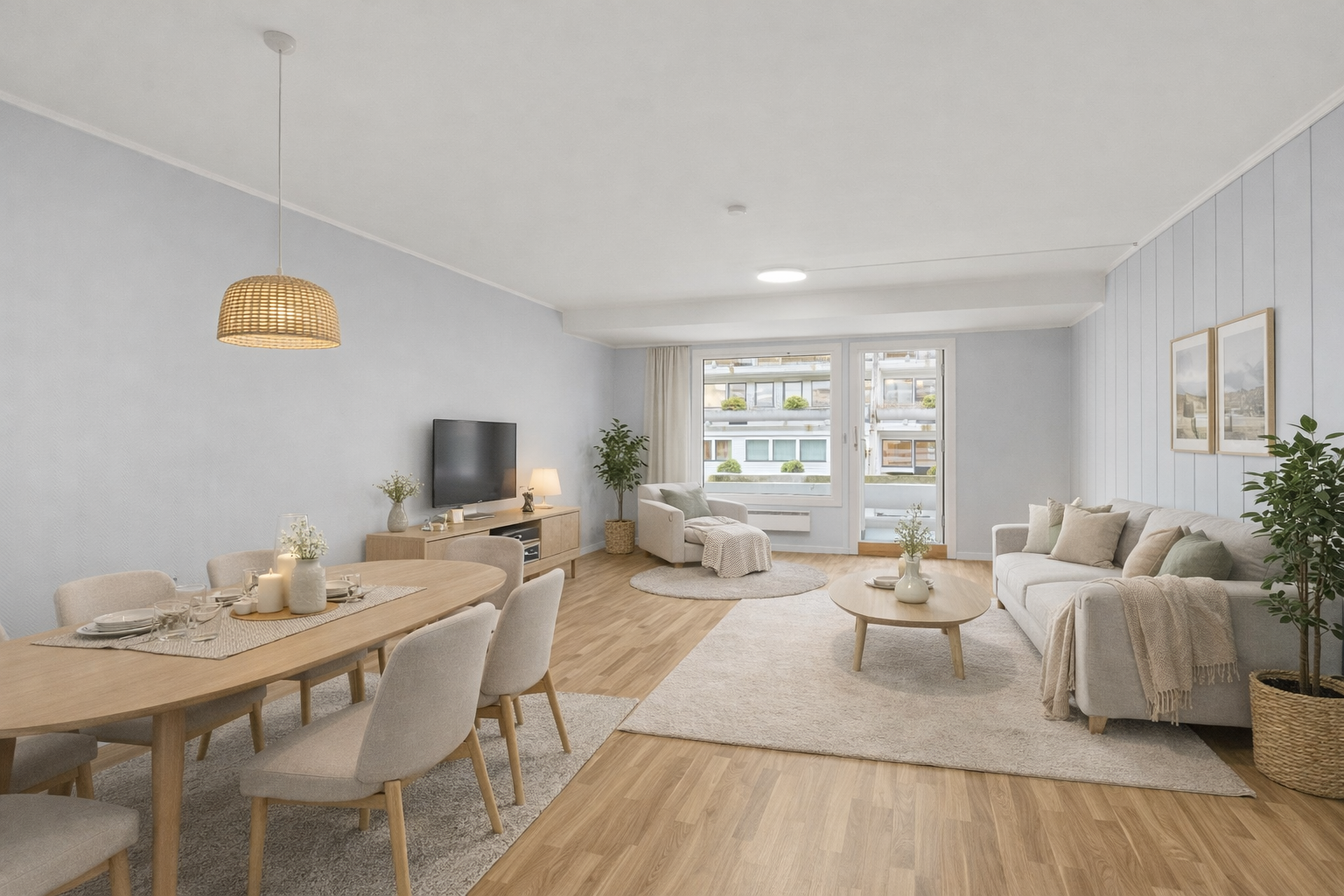 Stuen er av god størrelse og har plass til å møblere i soner. (Virtuelt stylet)