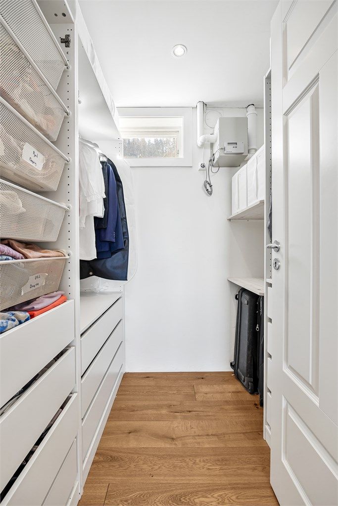 En av bodene i underetasjen er innredet som et praktisk omkledningsrom.