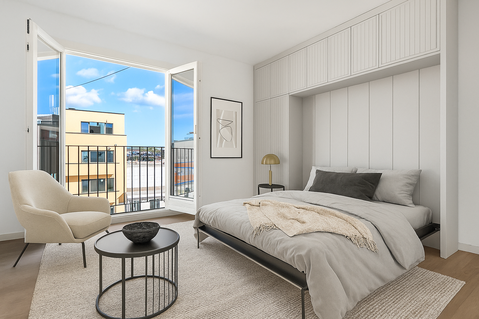 Digital styling av skapseng i stuen. 