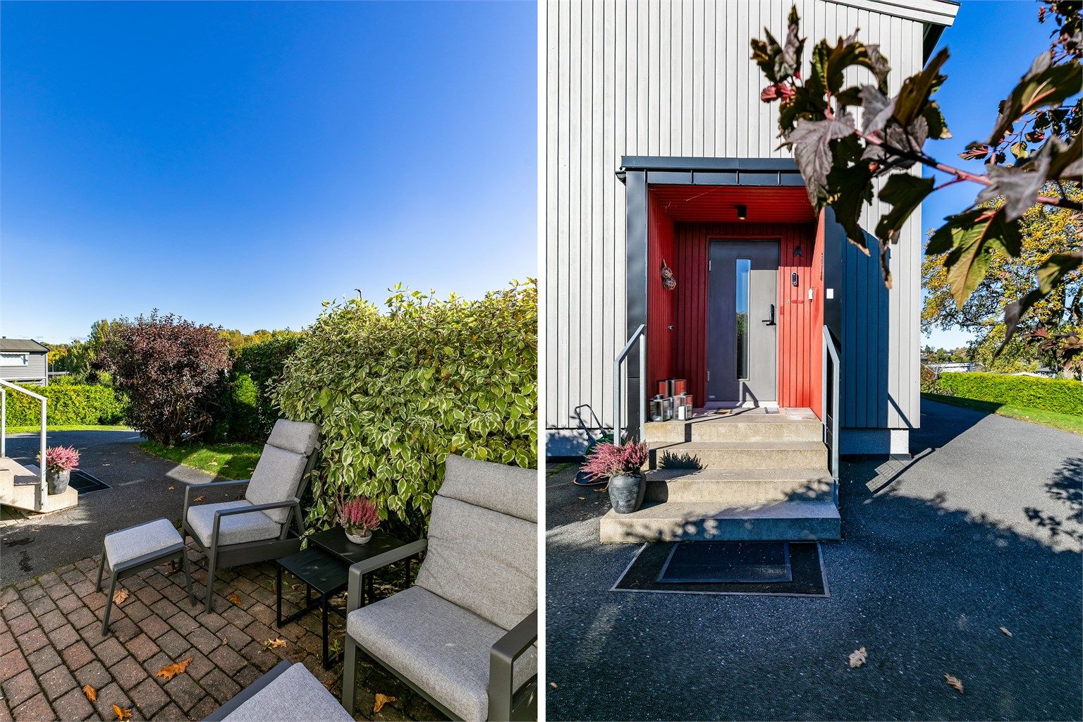 På uteplassen foran inngangspartiet er det sommerstid sol fra tidlig morgen og videre gjennom store deler av dagen.