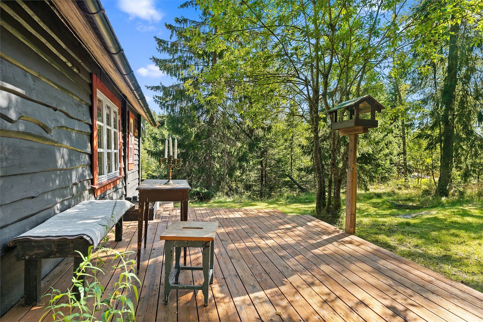 Solfylt skjermet terrasse med skogen som nabo