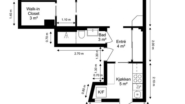 Gjennomtenkt planløsning med soverom adskilt fra stue og kjøkken.