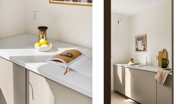 Benkeplaten i laminat er slitesterk og gir gode arbeidsforhold for matlaging.