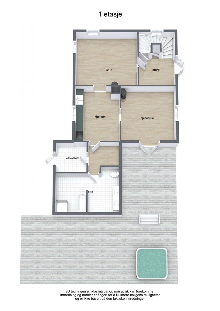 Plantegning for 1. etasje i hovedbolig.