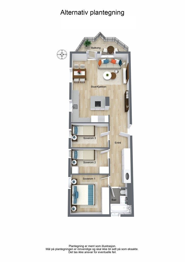 Alternativ plantegning - original løsning med 3 soverom.