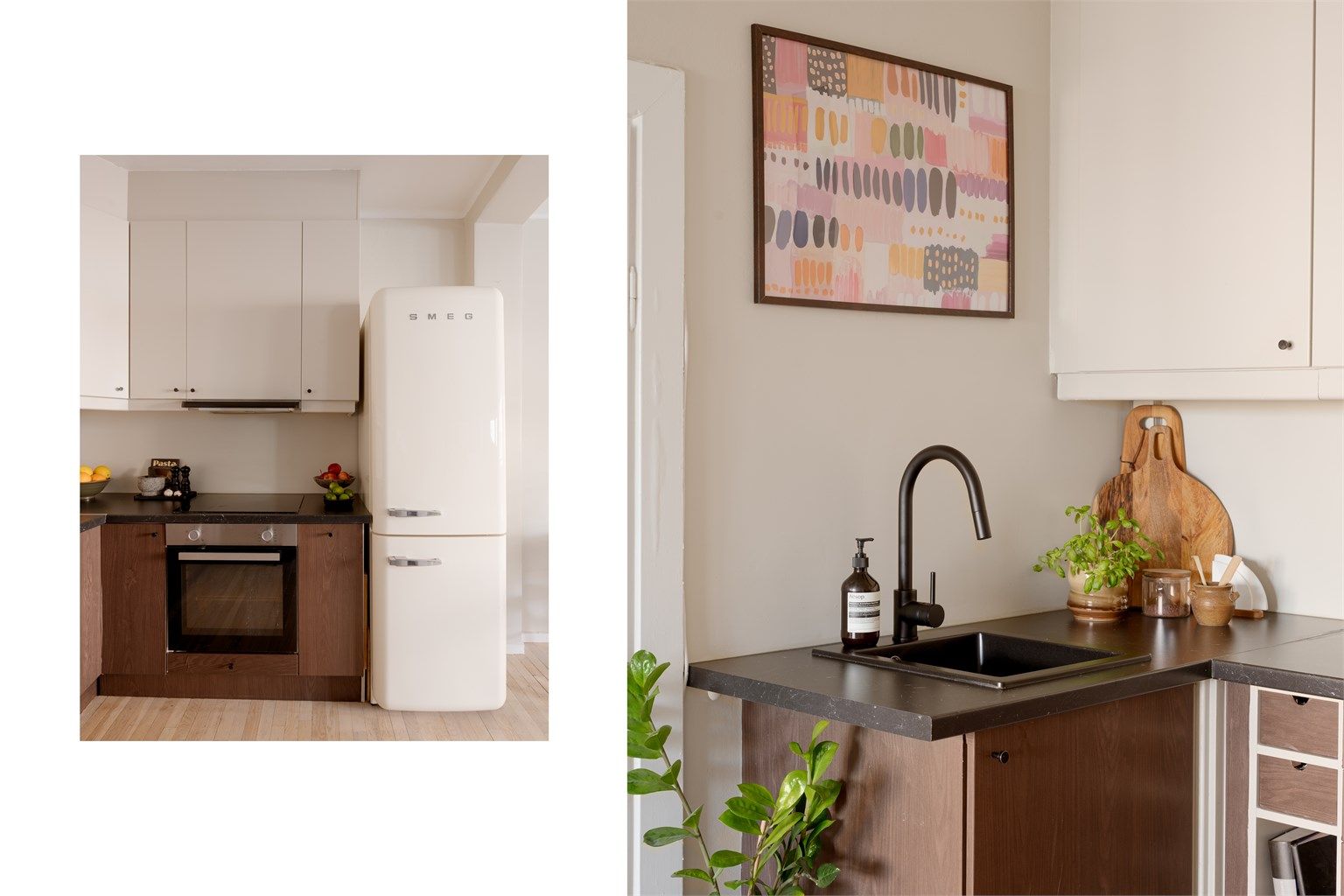 Kjøkkenet kombinerer funksjonalitet med moderne detaljer og stil som sort armatur og lekker benkeplate.