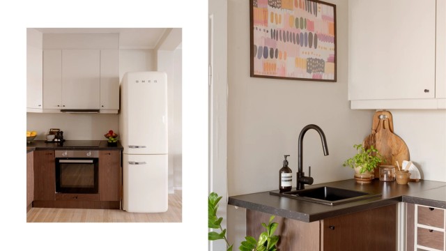 Kjøkkenet kombinerer funksjonalitet med moderne detaljer og stil som sort armatur og lekker benkeplate.