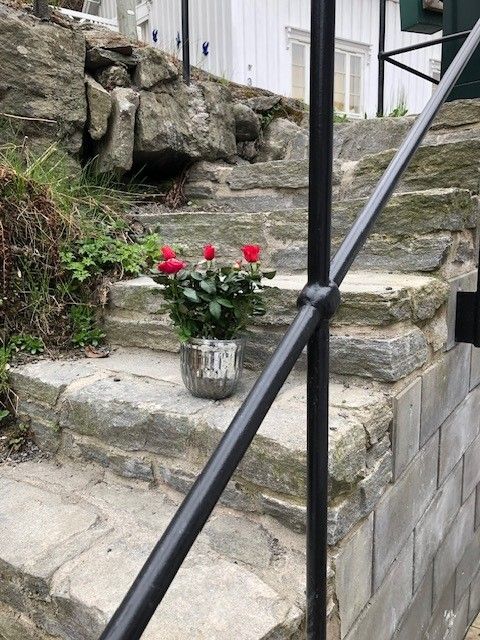 Trapp ned til terrasse og inngangsparti fra Kirkekleiva.