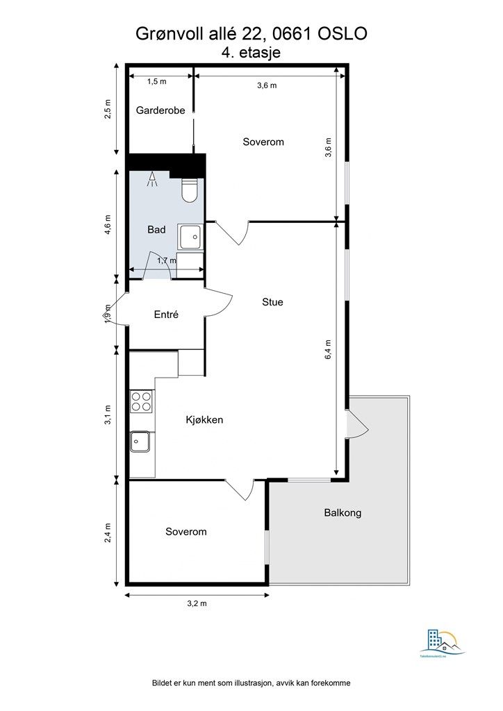Leiligheten har en god planløsning med to soverom og en åpen stue- og kjøkkenløsning.