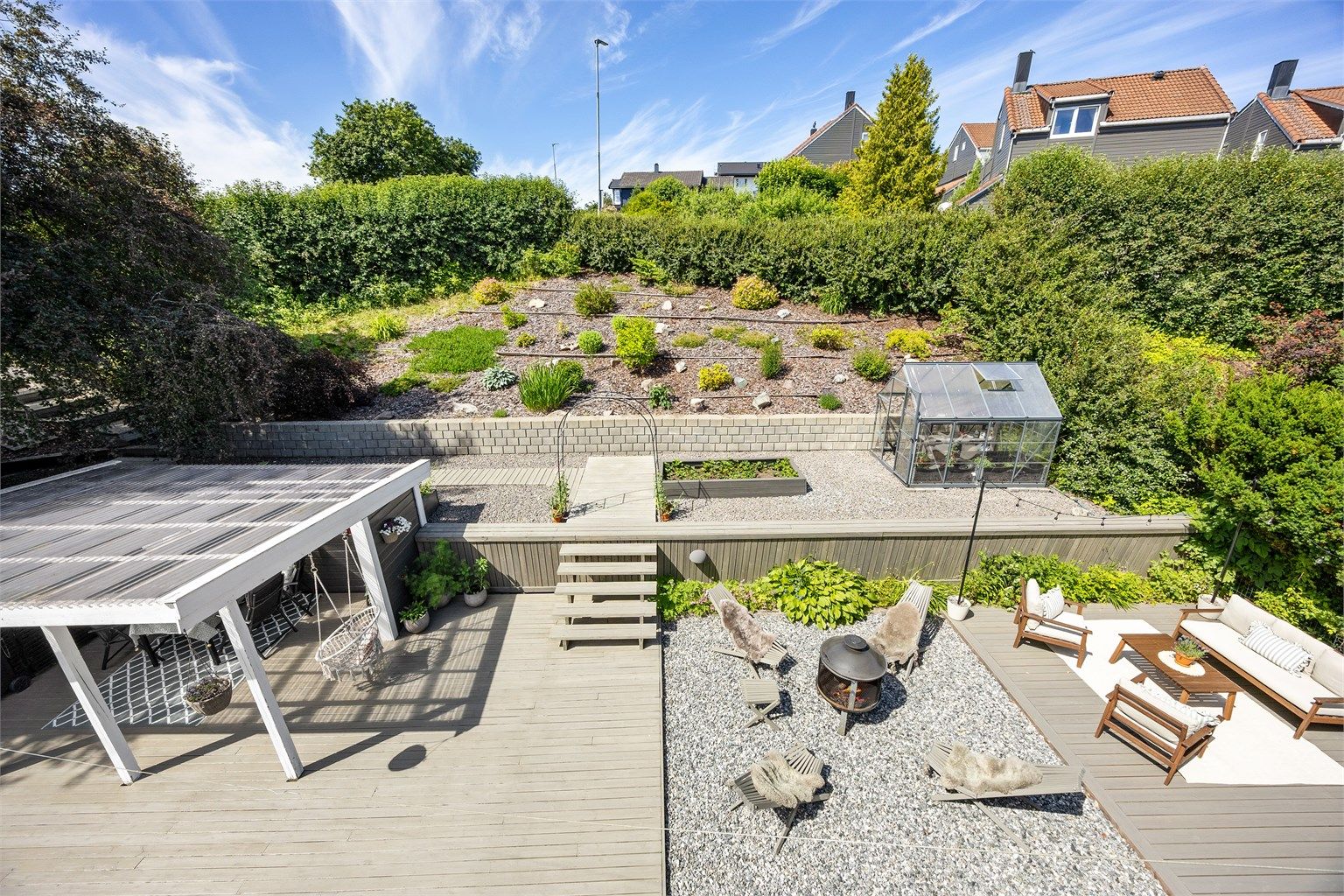 Oversikt over det flotte uteområdet med drivhus, plen og stor terrasse.