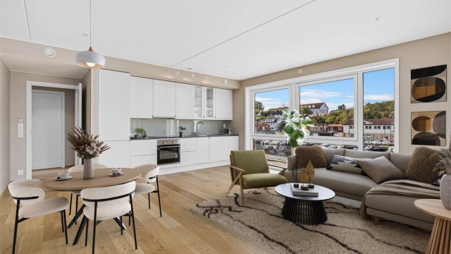 Stue med åpen kjøkkenløsning (digitalt stylet)