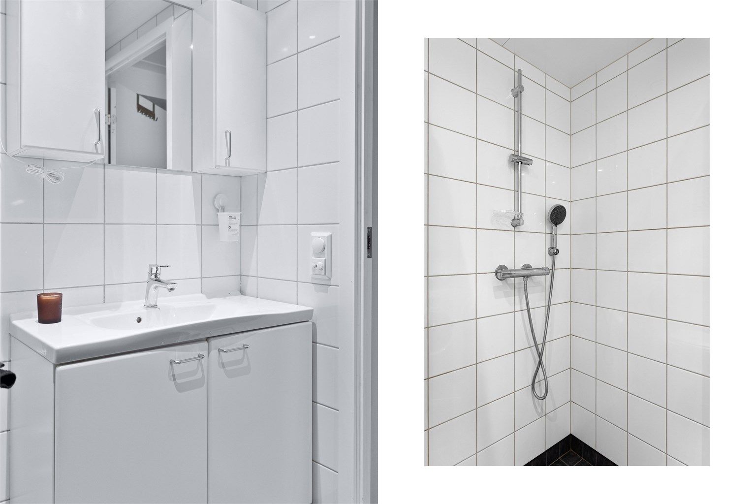 Badet er innredet med dusjhjørne med svingbare glassdører og vegghengt toalett.