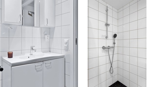 Badet er innredet med dusjhjørne med svingbare glassdører og vegghengt toalett.