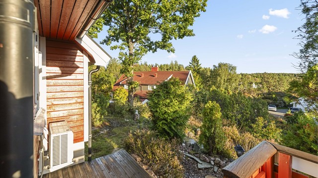 Fra uteområdet ser man utover det etablerte og rolige nabolaget i Kodal.