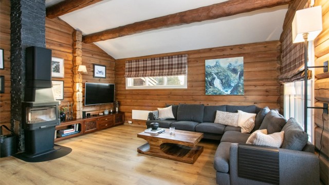 Peisovn med glassdør i stuen som gir en lun og hyggelig atmosfære