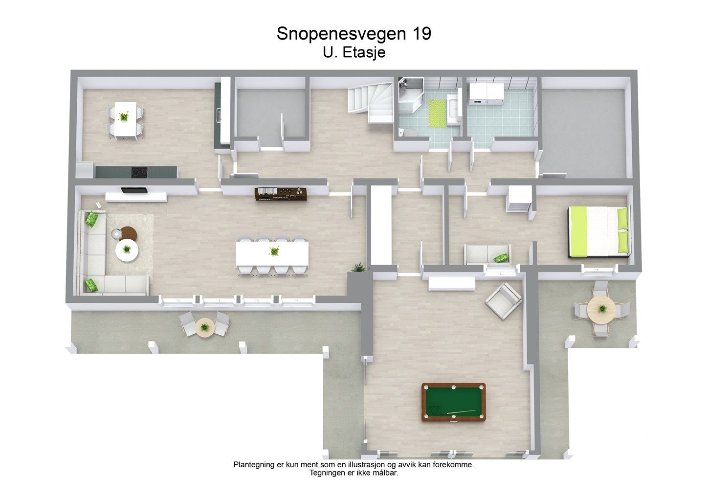 Underetasjen er innholdsrik med blant annet kjellerstue, hagestue, to soverom og bad.