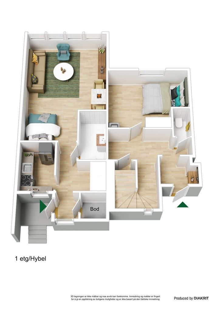 Plantegning hybel og hovedboligens
 første etasje