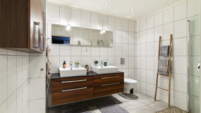 Dobbel servant i innredning, dusjnisje og wc.