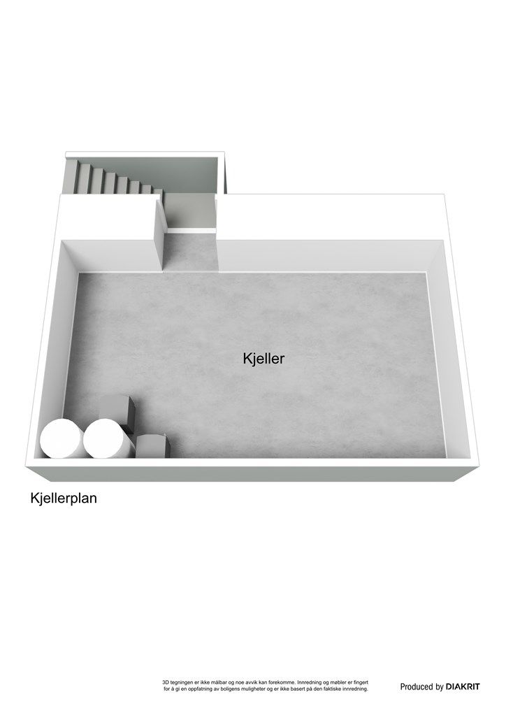3D plantegning kjeller. Det gjøres oppmerksom på at boligens kjeller tilhører sameiets fellesareal, og at lager/kjeller således ikke eies av den enkelte sameier.