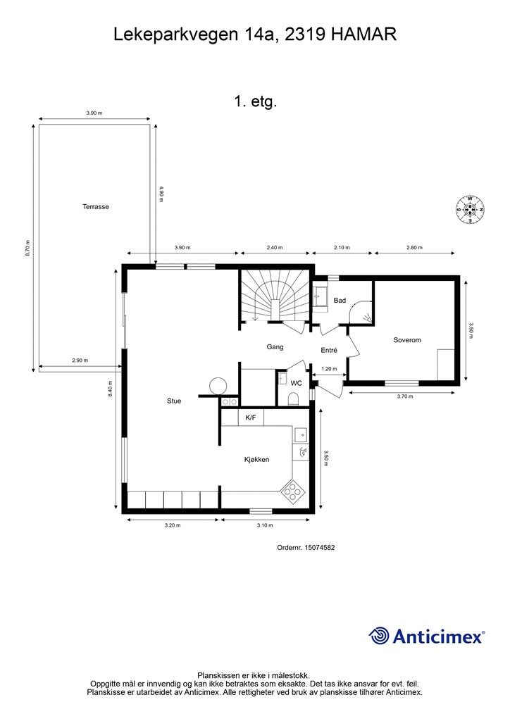 Plantegning 1. etasje - soverommet er byggemeldt som bod, og er såldes ikke godkjent til varig opphold. 